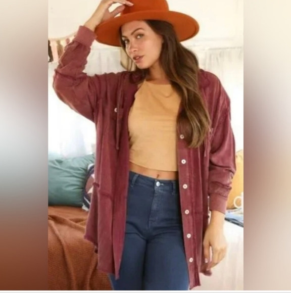 Fantastic Fawn Button Up Hooded Jacket Lightwight Size Small Oversized Rust red - Picture 3 of 13